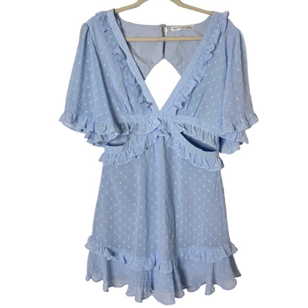 Saints + Secrets Large Blue Swiss Dot Cut Out Ruffle Mini Boho Feminine Dress
